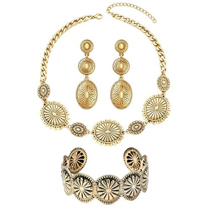 MALOYANVE Western Concho Jewelry Set for Women Vintage Sunburst Oval Choker Necklace Earrings Open Cuff Bracelet Boho Southwest Cowgirl Statement Accessories Country Concert Outfits