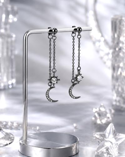 Moon and Star Dangle Earrings | Chain Tassel with Cubic Zirconia Drop Front and Back Earrings Celestial Jewelry for Wedding Gift - color: Black