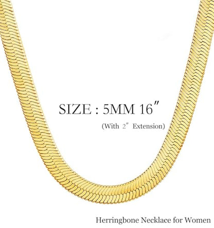 NECOCY 14K Gold Plated Necklaces for Women, Dainty Gold Herringbone Choker Necklace Thin Layered Snake Chain Jewelry for Gifts - color: 5MM 14"-GD Herringbone Necklace