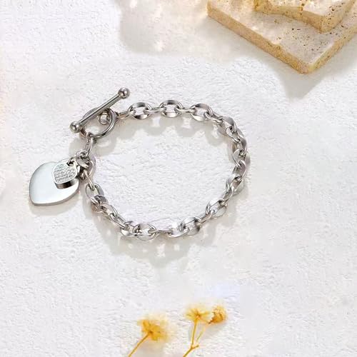 Heart Charm Bracelet Plated 18K Gold/Silver/Rose Gold Bible Scripture Heart Bracelet for Women Jewelry Gift Zircon Her Link Chain OT Clasp Stainless Steel Birthday - color: Silver-Zircon, size: 7.1 inch