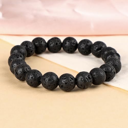 LPBeads Handmade Natural Gemstone Stretch Elastic Bracelet Healing Crystal Round Stone Beads Jewelry Gifts for Women Men - color: Black Lava, size: 10mm