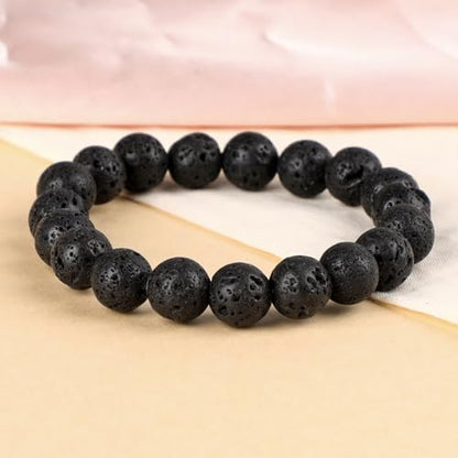 LPBeads Handmade Natural Gemstone Stretch Elastic Bracelet Healing Crystal Round Stone Beads Jewelry Gifts for Women Men - color: Black Lava, size: 10mm