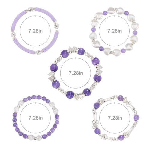 Besydec Stackable Boho Beaded Bracelets With Natural Stone & Pearl Heart & Clay Beads for Women,Adjustable Silver Jewelry - color: Purple