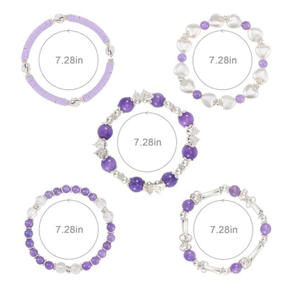 Besydec Stackable Boho Beaded Bracelets With Natural Stone & Pearl Heart & Clay Beads for Women,Adjustable Silver Jewelry - color: Purple