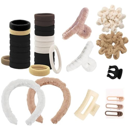 Ouliget Hair Accessories Set for Women, Fuzzy Hair Bands Fuzzy Headband Acrylic Claw Hair Clips Nonslip Jaw Clip Elastic Hair Band,Neutral Colors Winter Hair Accessories,31 Pieces