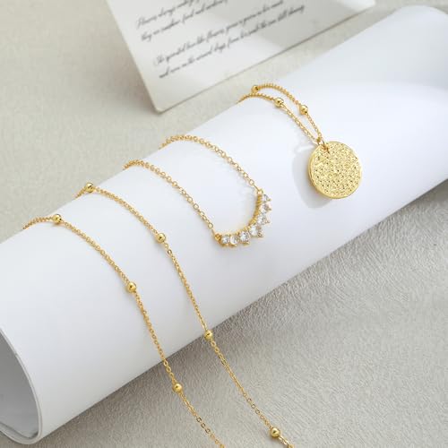 Layered Gold Necklace Set for Women Dainty Waterproof Cute Choker | 14K Gold Plated Minimalist Non Tarnish Lightweight CZ Pendant Pearl Twist Paperclip Chain Jewelry Gifts - style: 3PCS-Zircon round pendant-GD