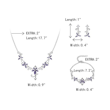 Crysdue Flower Leaf Wedding Jewelry Set for Bridal Bridemaid, Cubic Zirconia Teardrop Elegant Silver/14K/Rose Gold Plated Vine Necklace Dangle Earrings for Prom Party - style: B_Three Set Purple