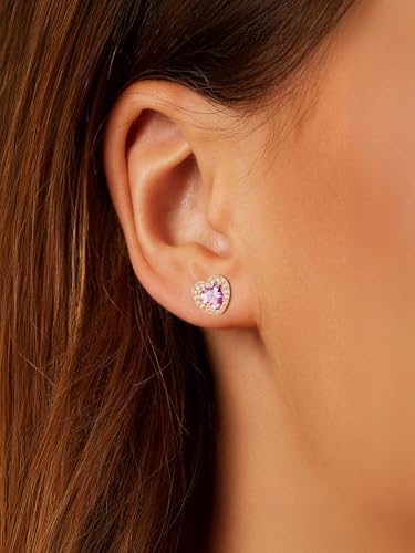 FindChic Birthstone Earrings for Women, Round/Heart/Square/Teardrop Earrings with 925 Sterling Silver Posts & Push Backs, Hypoallergenic Studs with Cubic Zirconia, 12 Months Jewelry with Gift Box - style: 10. October-Pink Tourmaline (Heart-Gold)