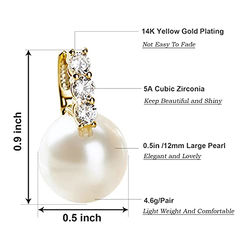 Pearl Earrings for Women 14K Gold Plated Hypoallergenic Pearl Earrings 5A Cubic Zirconia Dangle Earrings Elegant Jewelry - color: 1-Gold