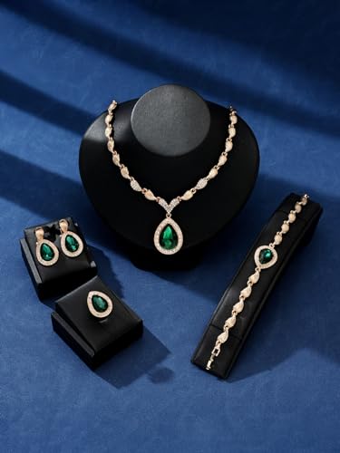 Womens Luxury Africa Dubai 18k Gold Plated Jewelry Sets Wedding Rhinestone Crystal Bib Statement Necklace Earrings Set for Brides Party Prom - color: Green 2