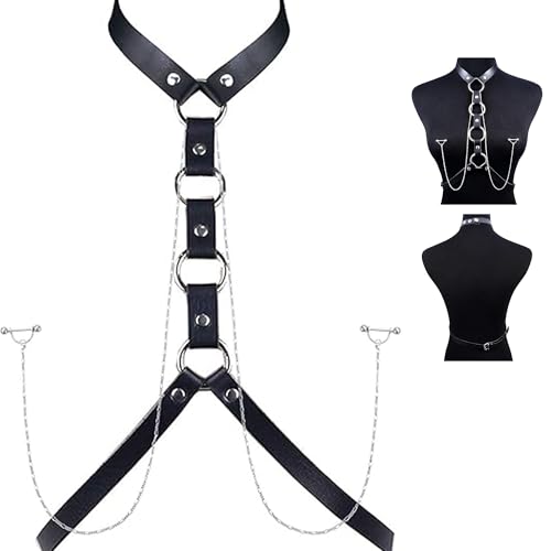 Nipple Ring with Choker Necklaces Stainless Steel Nipple Rings Chain Heart Cat Head Punk Chokers for Women Nipple Barbell Piercing Jewelry - color: Black PU Leather Chest Chain