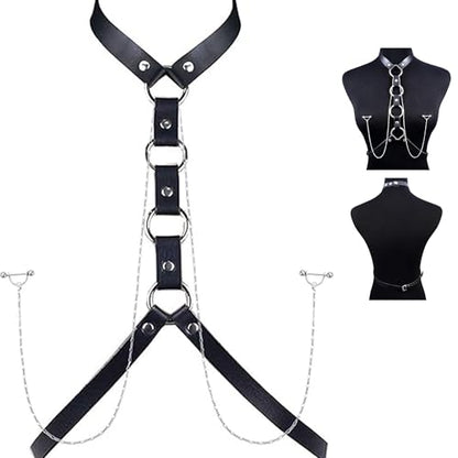 Nipple Ring with Choker Necklaces Stainless Steel Nipple Rings Chain Heart Cat Head Punk Chokers for Women Nipple Barbell Piercing Jewelry - color: Black PU Leather Chest Chain