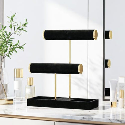 Coward Bracelet Necklace Holder Display, T-Bar Jewelry Holder Stand, Jewelry Organizer with Tray for Necklaces, Bangles,Rings Earrings Watches (Black Velvet) - color: Black