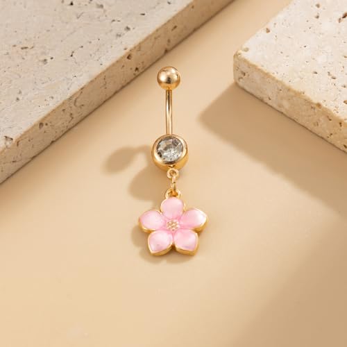Flower Belly Button Ring for Women 14K Gold Plated Cubic Zirconia Navel Piercing Jewelry Stainless Steel CZ Crystal Charm Belly Ring Hypoallergenic Belly Bar for Women - color: Pnk