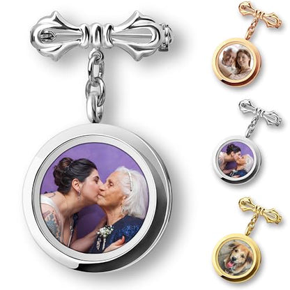 Personalized Photo Wedding Bouquet Charm, Double Sided Round Glass Photo Locket Pendant Pin Brooch, Handmade Memorial Picture Frame Bridal Shower Gift For Bride & Groom - color: Round Large - Silver