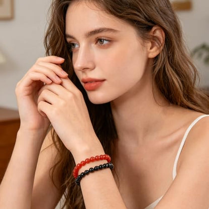 2PCS Agate Bracelet for Women Men Natural Round Beaded Agates Stone Healing Stretch Bracelets Elastic Handmade Polished Gemstone Beads Bracelet - color: Black+Red, size: 6mm Beads