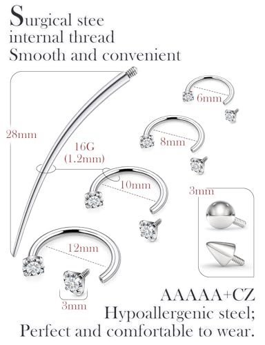 16g Septum Rings Internally Threaded Surgical Steel Septum Jewelry Lip Rings Hoop Labret Jewelry Horseshoe Earrings Daith Piercing Jewelry for Women Men 6mm 8mm 10mm 12mm Silver Gold - color: 16G-Silver tone-Nose septum Earring Lip hoop