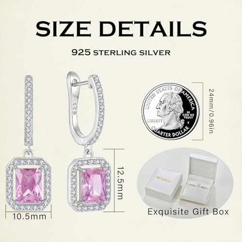 Women's Solitaire Dangle Drop Earrings 925 Sterling Silver Pure Square Huggie Earrings Hoop Dangle Drop Earrings Jewelry Gift - color: 10-pink tourmaline-Oct