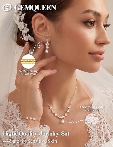 14K Gold Plated Pearl Jewelry Set 925 Sterling SIlver Post | Dainty Dangle Earrings Adjustment Pearl Necklace Bracelet Wedding Jewelry Sets for Bride Bridesmaid Trendy - color: Gold 2