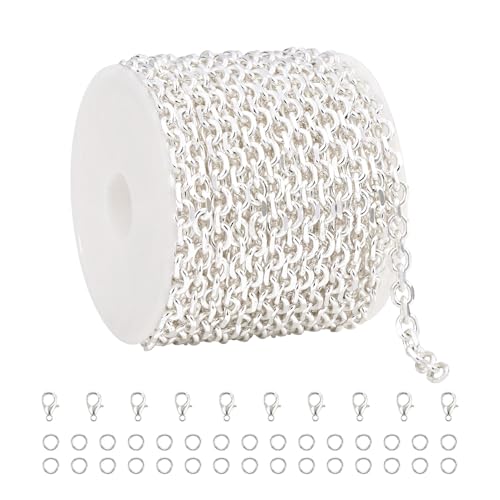 UMAOKANG 16.4 Feet Silver Plated Chain for Jewelry Making Cable Brass Metal Chains Bulk on Spool with Jump Rings Lobster Clasps - color: Silver Cable