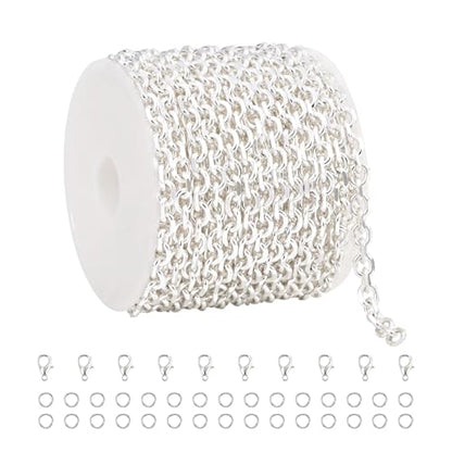 UMAOKANG 16.4 Feet Silver Plated Chain for Jewelry Making Cable Brass Metal Chains Bulk on Spool with Jump Rings Lobster Clasps - color: Silver Cable