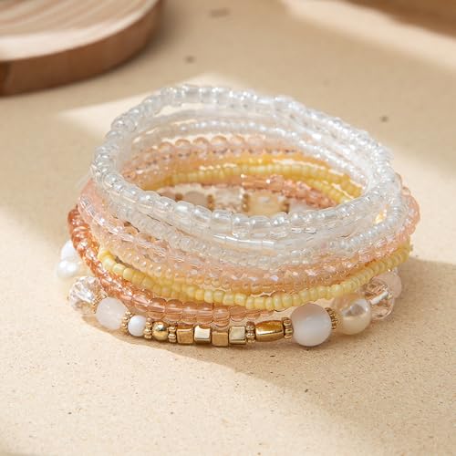 Bohemian Colorful Crystal Glass Beads Seed Beaded Bracelet Handmade Adjustable Stackable Elastic Strand Bangle for Women Summer Beach Hawaii Boho Wristbands Jewelry - color: beige