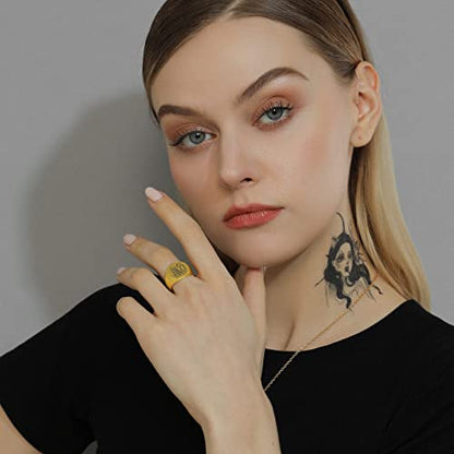 GoldChic Jewelry Personalized Signet Rings Men Women, Stainless Steel Custom Photo Bold Square/Oval Monogram/Old English Initial Pinky Stacking Statement Ring in Black/Silver/Gold (Size 7-14) - color: Gold-Monogram -Round