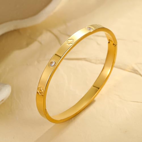 Friendship Love Bracelet for Women, 18K Gold Plated Titanium Steel Cuff - color: Gold, size: Clover 7''