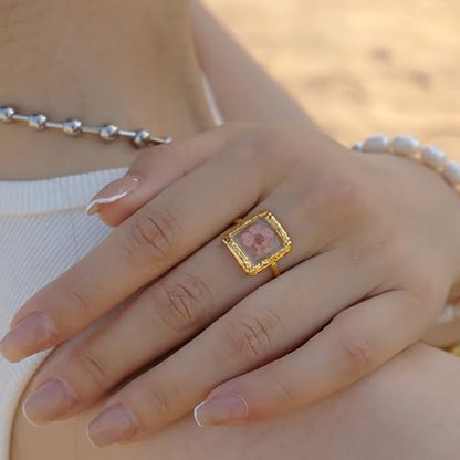Hebelee Handmade Dried Flower Statement Ring for Women | Gold-Toned Stainless Steel,Adjustable,Pressed Blossom Forget-Me-Not Flowers Open Band Rings,Wedding Holiday Jewelry - color: Square Pink