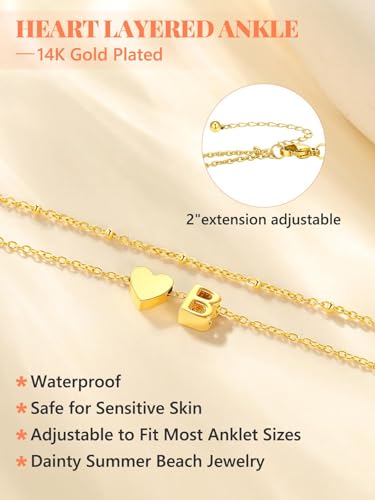 Ankle Bracelets for Women Waterproof 14K Gold/Silver/Black Initial Anklet for Women Dainty Layered Heart Ankle Bracelets Stainless Steel Adjustable Foot Chain Anklet Summer Beach Jewelry - color: B-Gold