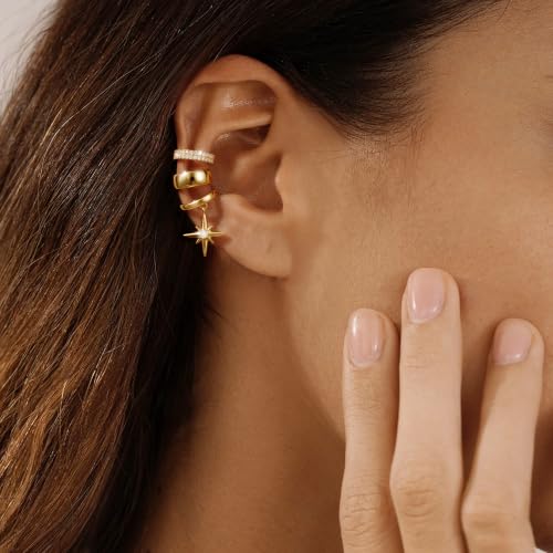 14K Gold Plated Layered Chunky Ear Cuff for Women Thick Ear Clips | Ear Cuff Earrings for Women,Hammered Texture design，Lightweight Hypoallergenic Ear Clips，trendy Jewelry for Daily Party Prom - color: gold 5