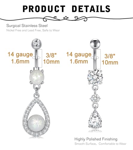 Silver Gold Belly Button Ring for Women Clicker Hoop Belly Rings Opal Navel Piercing Jewelry Dangle Hypoallergenic Surgical Steel Dainty Dangling Navel Rings for Women - color: A2 -4pcs new -silver