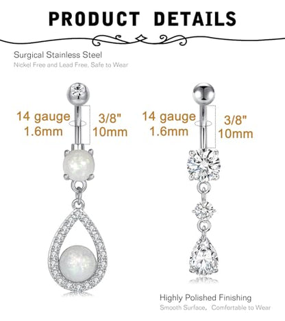 Silver Gold Belly Button Ring for Women Clicker Hoop Belly Rings Opal Navel Piercing Jewelry Dangle Hypoallergenic Surgical Steel Dainty Dangling Navel Rings for Women - color: A2 -4pcs new -silver