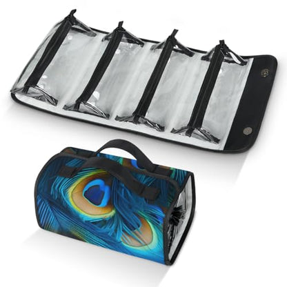 Blue Peacock Feathers Hanging Roll Up Cosmetic Bag with 4 Removable Storage Bags Waterproof Foldable Toiletry Kit for Women - color: Multicolor 5