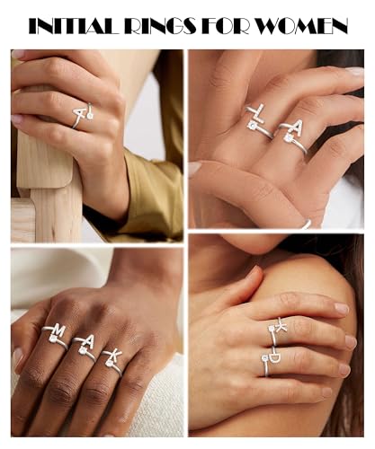 KOHOTA Gold Silver Initial Rings for Women Non Tarnish Adjustable Ring | 14K Gold Plated Stackable Ring for Women Trendy, Letter CZ Thumb Pinky Ring, Dainty Open Birthday Jewelry Gifts - color: SILVER-K