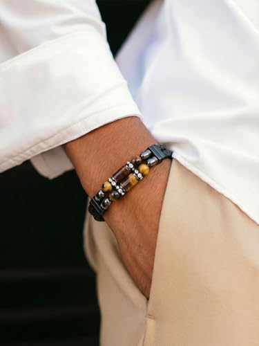 Mens Leather Turquoise/Tiger Eye/Obsidian/Lava Stone Bracelet–Braided Multi‑Layer Wristband Cuff Bangle Barcelet–Jewelry Box and Pouch Packing - color: Tiger Eye Stone, size: 9in(Fits larger wrists)