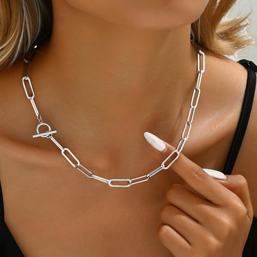 Chunky Gold Necklace for Women, 18K Gold Plated Paperclip, Figaro Link Chain Necklace, Toggle Clasp Necklaces, Trendy Non Tarnish Jewelry, Christmas Gifts - style: Paperclip Toggle 17.7''-White Gold
