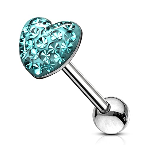 Forbidden Body Jewelry 14G 16mm (5/8 Inch) Surgical Steel Pave Crystalline Epoxy Heart Top Tongue Ring - style: Aqua Blue