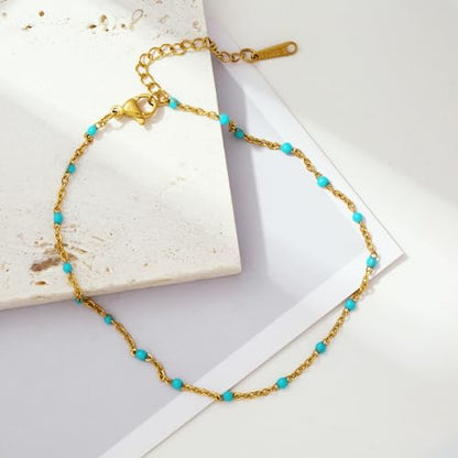 Dainty Ankle Bracelets for Women 18K Gold Plated Waterproof | Satellite Beaded Herringbone Lip Chain Anklets Simple Minimalist Summer Beach Foot Jewelry, Gift Box Included - color: Green Beads-Gold