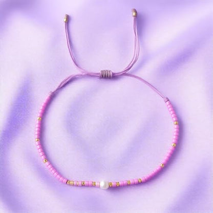 Boho Colorful Glass Gold Plated Seed Beaded Bracelets or Women, Handmade Romantic Freshwater Pearl Adjustable String Braided Rope Jewelry, Summer Beach Daily Party Friendship Gift - color: Purple