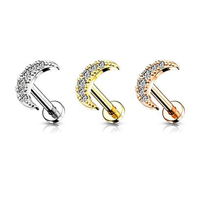 Pierced Owl - 16GA Stainless Steel Internally Threaded Crystal Paved Crescent Moon Top Flat Back Lip Cartilage Tragus Stud
