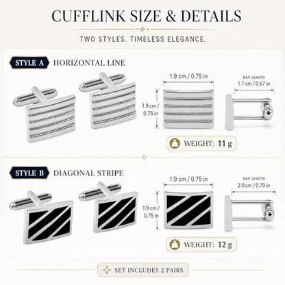 LUOZZY 2pair French Cufflinks for Men Luxury Silver Plated Rectangle Shirt Studs Classic Black Enamel Diagonal Stripes Business Tuxedo Suit Accessories Modern Grooved Line Set