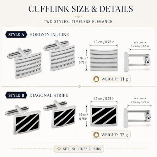 2 Pairs French Cufflinks for Men Luxury Silver Plated Rectangle Shirt Studs with Black Enamel Diagonal Stripes Business Tuxedo Suit Accessories Modern Grooved Line Set