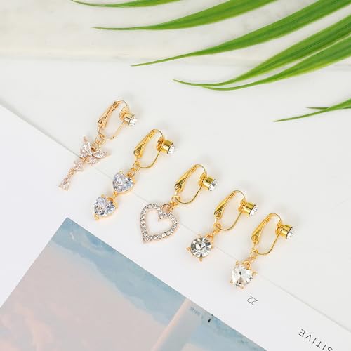 5Pcs Gold Fake Belly Piercing Fake Belly Ring for Women Fake Belly Button Piercing Clip On Belly Button Rings Fake Navel Ring Non Piercing - style: white stone-gold