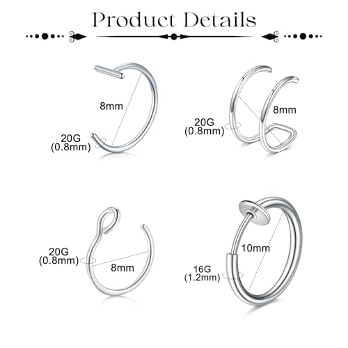 Fake Eyebrow Ring Fake Lip Labret Studs Replacement Balls Spike with 100pcs Sticker Non-Piercing Body Jewelry Fake Skin Piercing - color: C2 -Silver