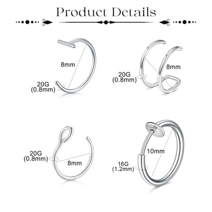 Fake Eyebrow Ring Fake Lip Labret Studs Replacement Balls Spike with 100pcs Sticker Non-Piercing Body Jewelry Fake Skin Piercing - color: C2 -Silver