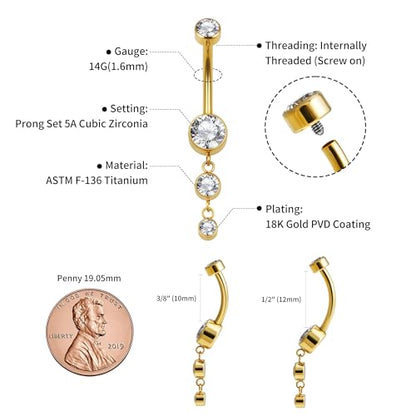 FINE4U Dangle Belly Button Rings 14G 10mm 12mm - ASTM F136 Implant Grade Real Titanium Belly Ring, Internally Threaded Hypoallergenic Navel Piercing Jewelry for Gift idea (Clear) - color: Bezel Set - Gold, size: 10mm - Gold