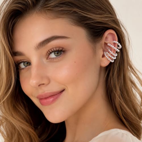 Faux Pearl Ear Cuff for Women, Multi Layer Wrap Ear Clip No Piercing, Statement Ear Crawler Jewelry for Daily Wear Party