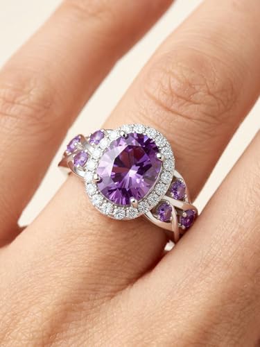 2-3 Carat Oval Engagement Ring 925 Silver Celtic Knot Birthstone Rings for Women Hypoallergenic Amehtyst/Aquamarine/Emerald/Ruby/Sapphire Cocktail Rings Jewelry Size 6-10 - color: A - Amethyst