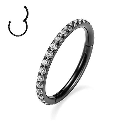 GAGABODY Surgical Steel Hypoallergenic Nose Ring Earring CZ Hoop for Unisex | Hinged Seamless Clasp,Used in Nostril,Septum,Lip,Eyebrow,Nipple and All Ear Piercings.22G to 12G,Inner Diameter 5mm to 14mm - color: Style1:Black+Clear CZ, size: 16G-6mm
